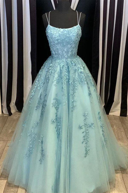 Tulle Lace Long Scoop Spaghetti Evening Gowns Prom Dress