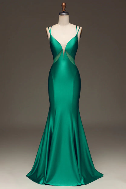 Deep V-neck Satin Mermaid Prom Dress with Lace-up Back