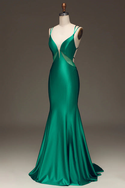 Deep V-neck Satin Mermaid Prom Dress with Lace-up Back