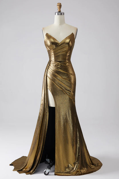 Mermaid Golden Long Prom Dress with Slit