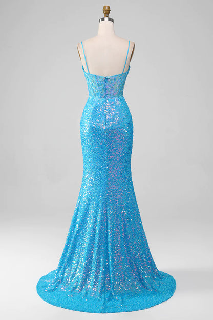 Spaghetti Straps Sparkly Corset Prom Dress with Slit