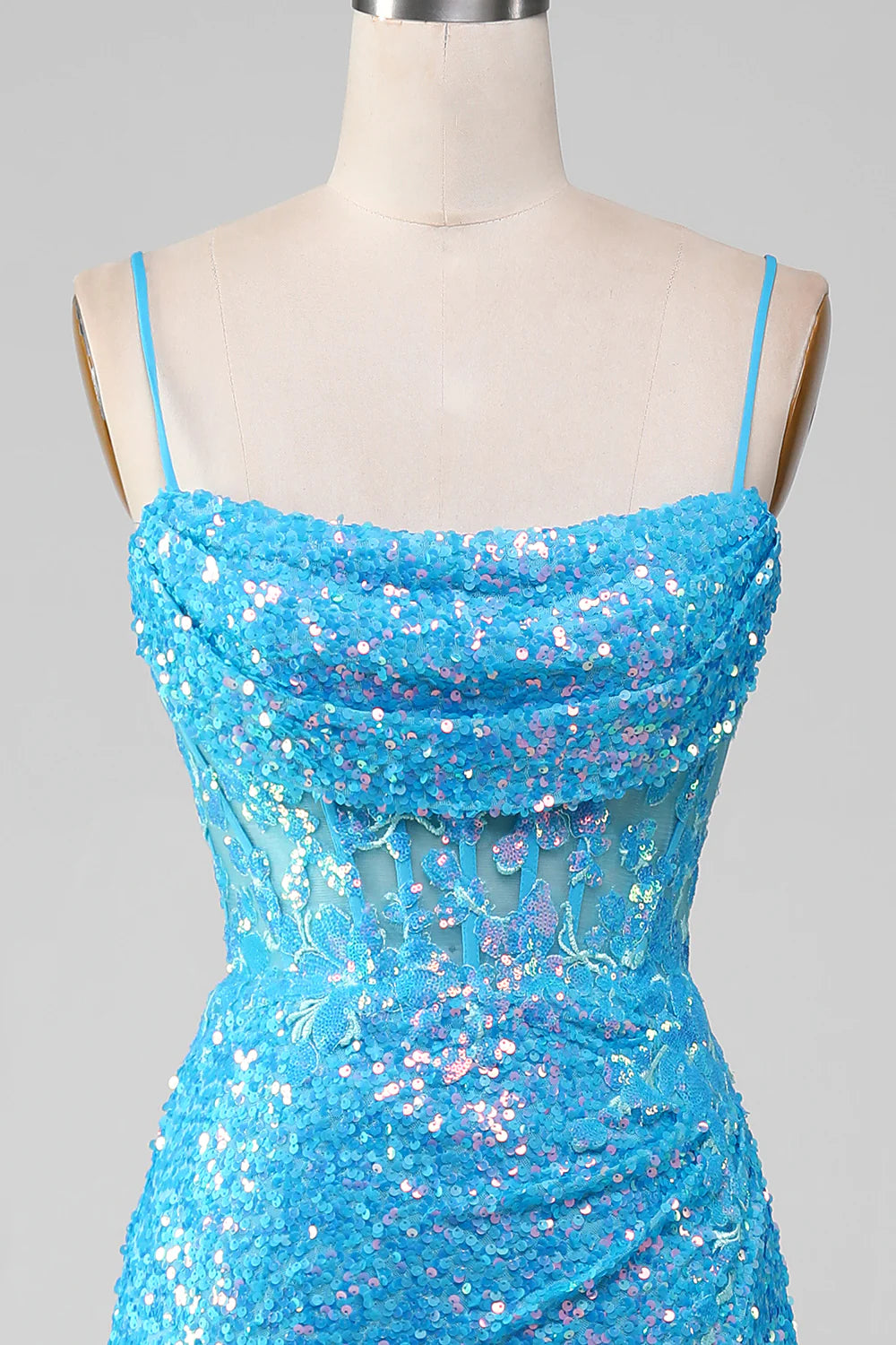 Spaghetti Straps Sparkly Corset Prom Dress with Slit