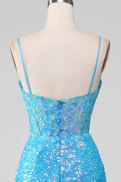 Spaghetti Straps Sparkly Corset Prom Dress with Slit