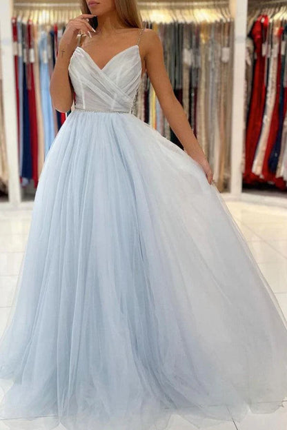 A-line Tulle Long Prom Dresses Backless Formal Dresses