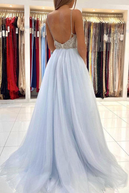 A-line Tulle Long Prom Dresses Backless Formal Dresses