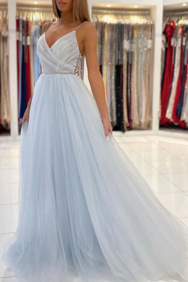 A-line Tulle Long Prom Dresses Backless Formal Dresses