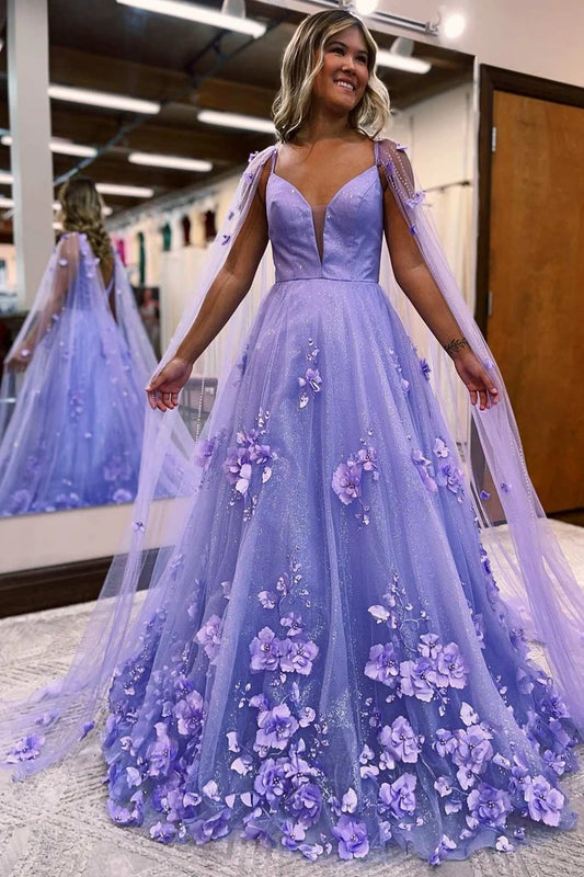 Ball Gown Tulle  Straps 3D Flower Prom Dresses with Cape