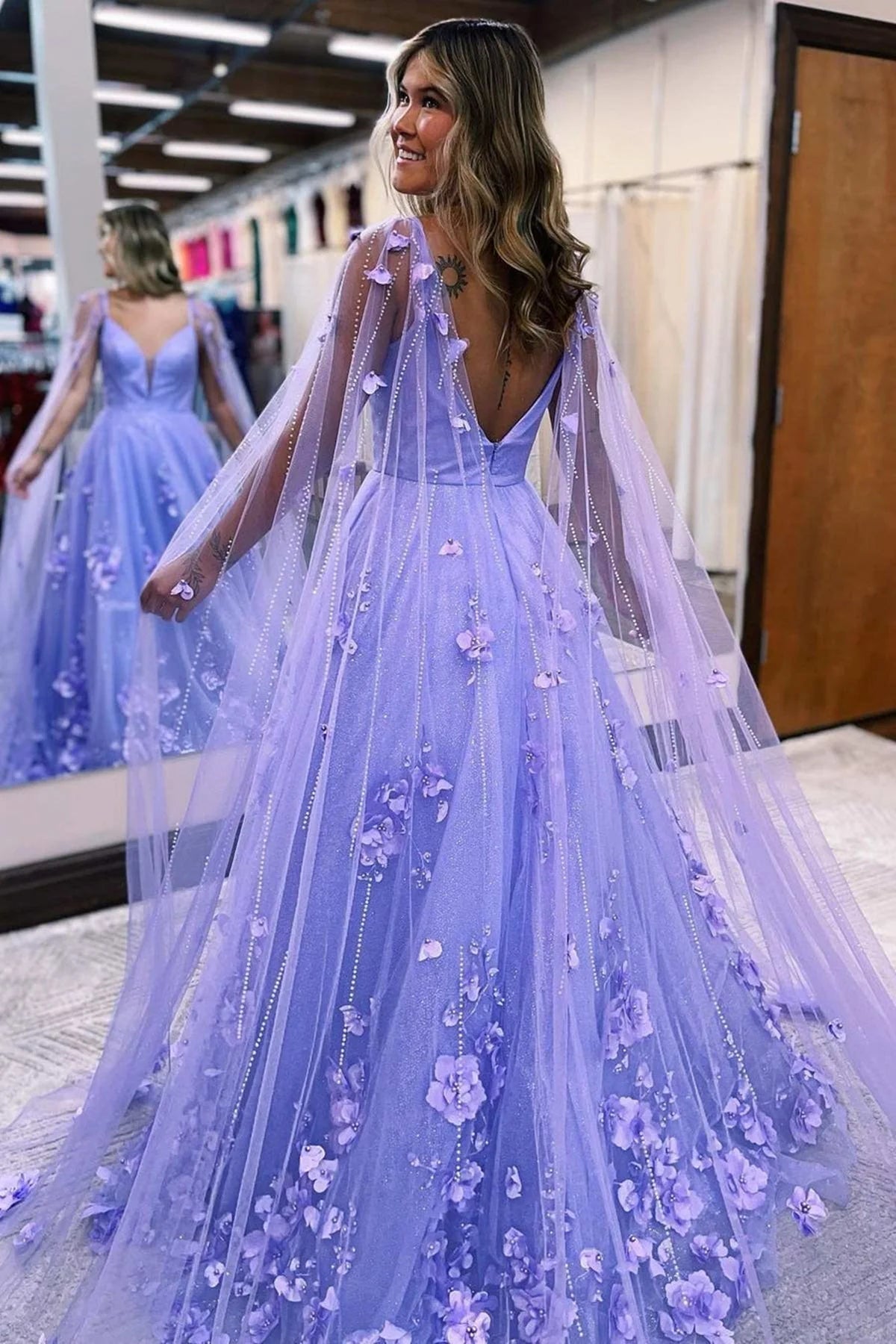 Ball Gown Tulle  Straps 3D Flower Prom Dresses with Cape