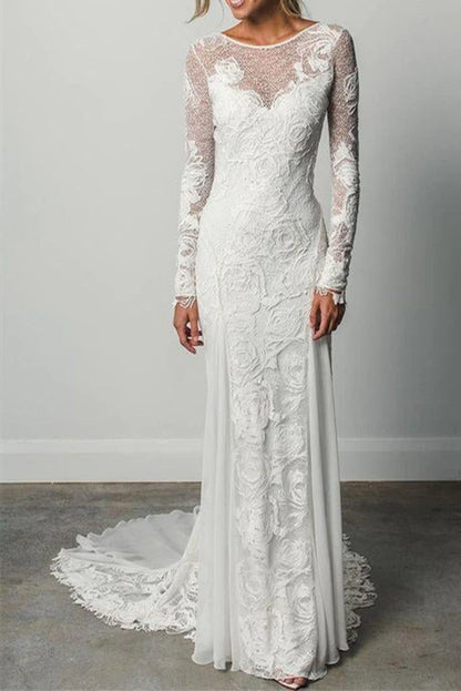 Mermaid Long Sleeves Lace Backless Scoop Neck Beach Wedding Dresses