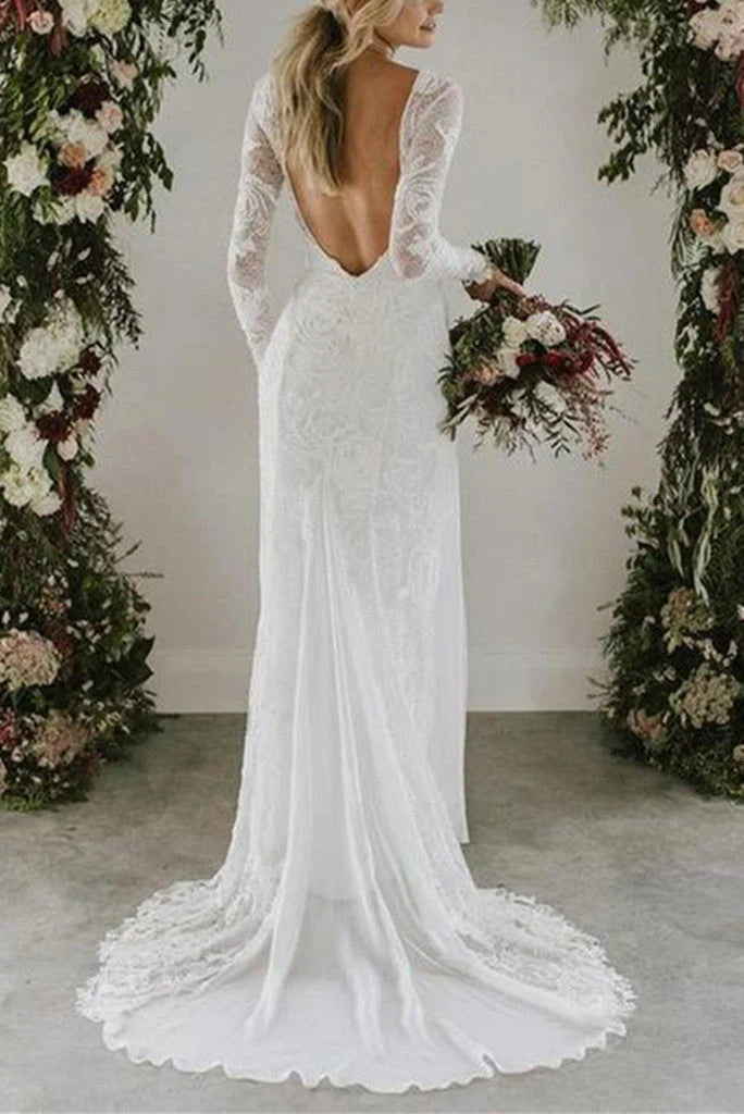 Mermaid Long Sleeves Lace Backless Scoop Neck Beach Wedding Dresses