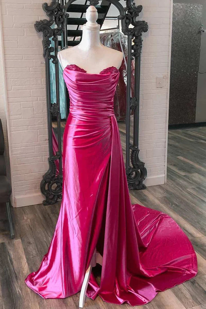 Mermaid Sweetheart Satin Split Prom Dresses with Attached Train