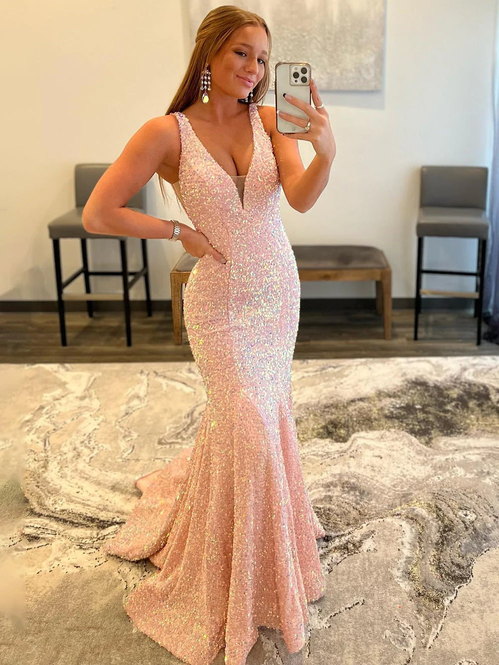 Mermaid V-Neck Sweep Train Backless Straps Sequins Prom Dresses