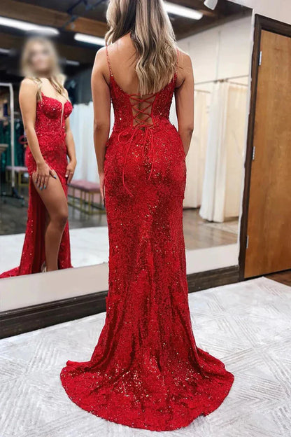 Mermaid Spaghetti Straps Appliques Prom Dress with Slit