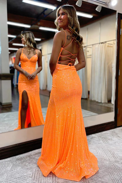 Mermaid Spaghetti Straps Lace Up Tight Prom Dress With Split