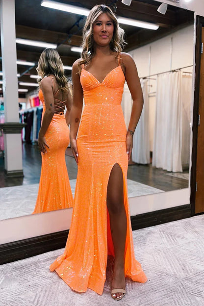 Mermaid Spaghetti Straps Lace Up Tight Prom Dress With Split