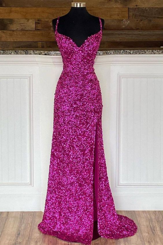 Mermaid Long with Slit Prom Dresses Elegant V Neck Sequin