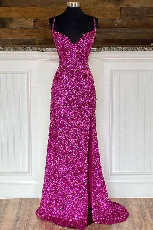 Mermaid Long with Slit Prom Dresses Elegant V Neck Sequin