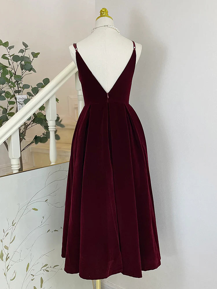 A-Line V Neck Velvet Tea Length Prom Dress