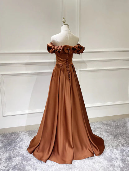 A-Line Off Shoulder Satin Long Prom Dress