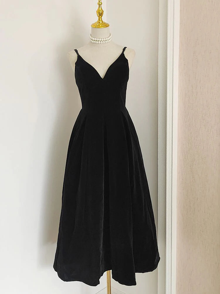 A-Line V Neck Velvet Tea Length Prom Dress