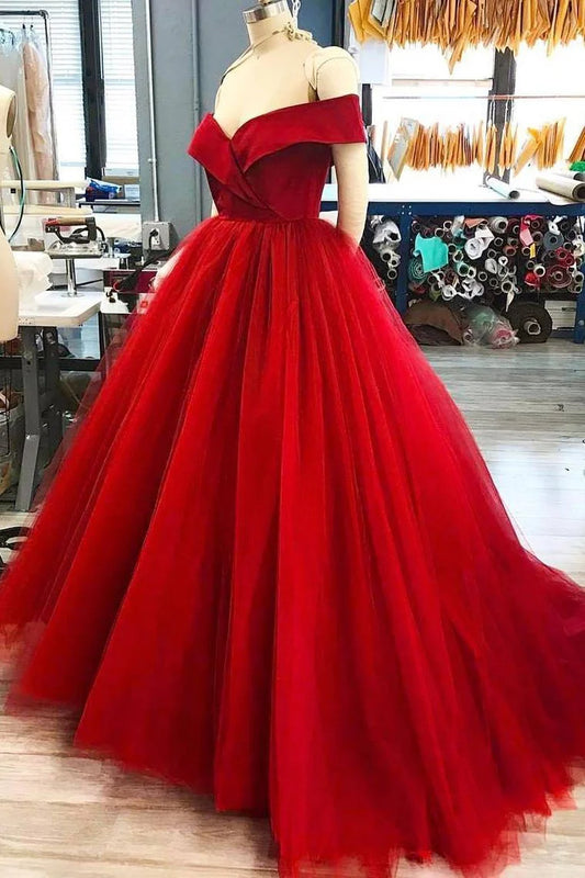 A Line Off The Shoulder Tulle Sweep Train Prom Dresses