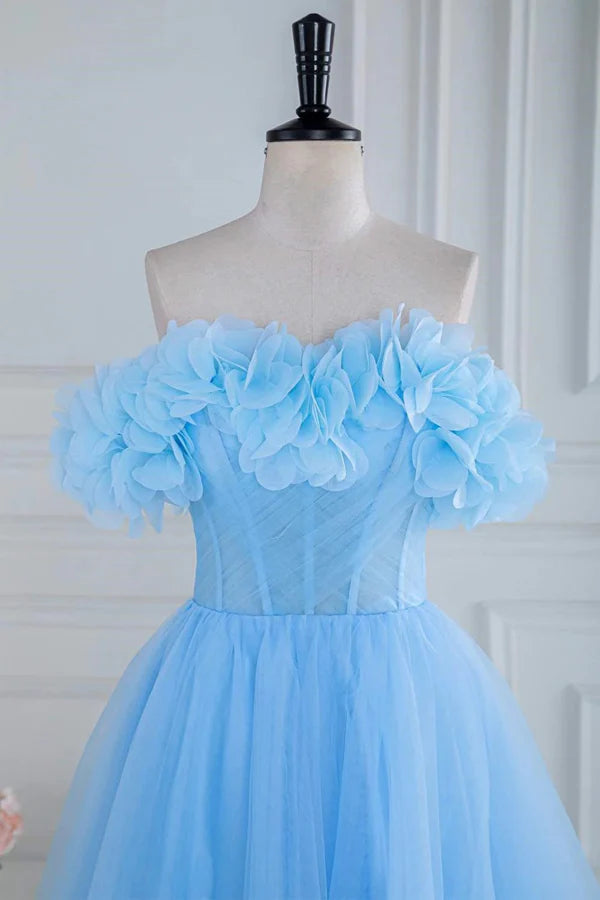 A-Line Off the Shoulder Strapless Flower Tulle Prom Dress