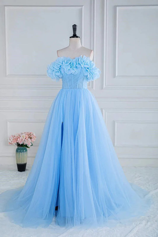 A-Line Off the Shoulder Strapless Flower Tulle Prom Dress