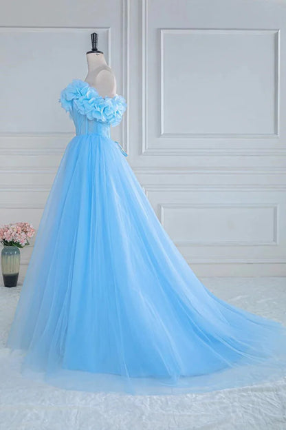 A-Line Off the Shoulder Strapless Flower Tulle Prom Dress