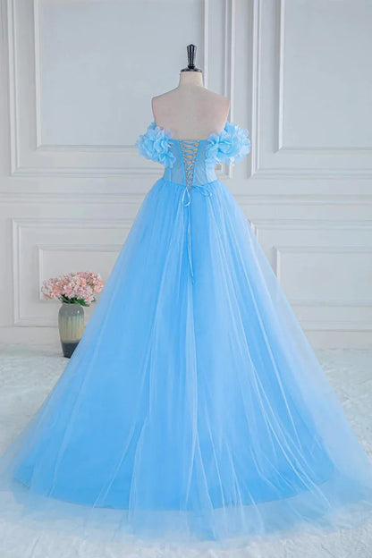 A-Line Off the Shoulder Strapless Flower Tulle Prom Dress