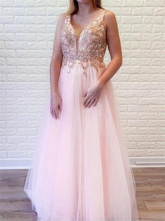 A-line Tulle Prom Dresses V-Neck Prom Dresses With Beaded Long