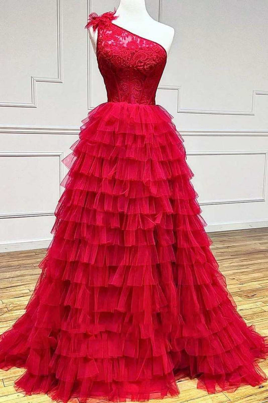 Ball Gown Lace One Shoulder Multi-Tiered Prom Dress