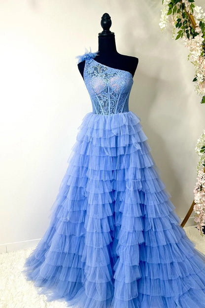 Ball Gown Lace One Shoulder Multi-Tiered Prom Dress