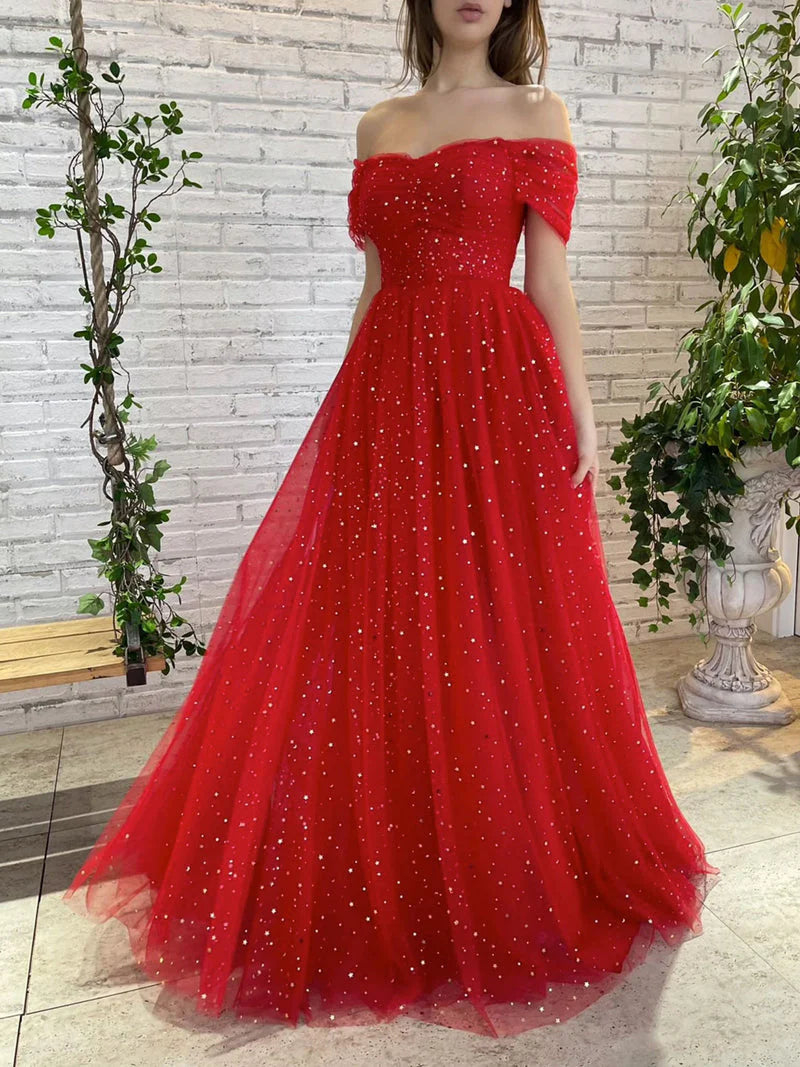 A Line Long Off The Shoulder Prom Dresses With Sequins