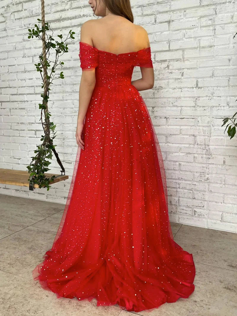 A Line Long Off The Shoulder Prom Dresses With Sequins