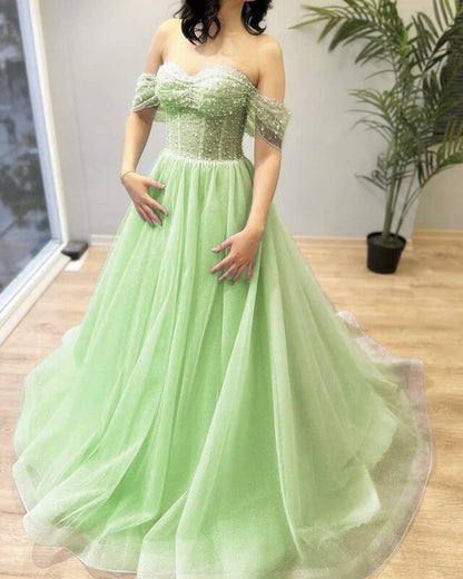 Beaded Tulle Off-the-shoulder Prom Dresses