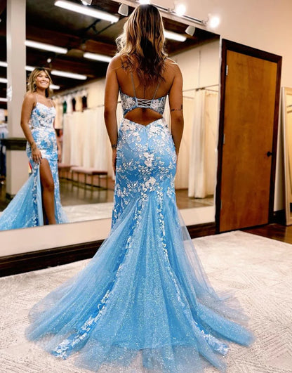 Romantic Spaghetti Straps Mermaid Open Back Slit Prom Dress With Appliques