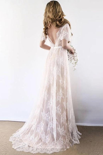 A-line Lace Long Wedding Dress with Open Back