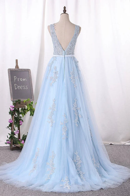 A Line Tulle With Applique Sweep Train Prom Dresses