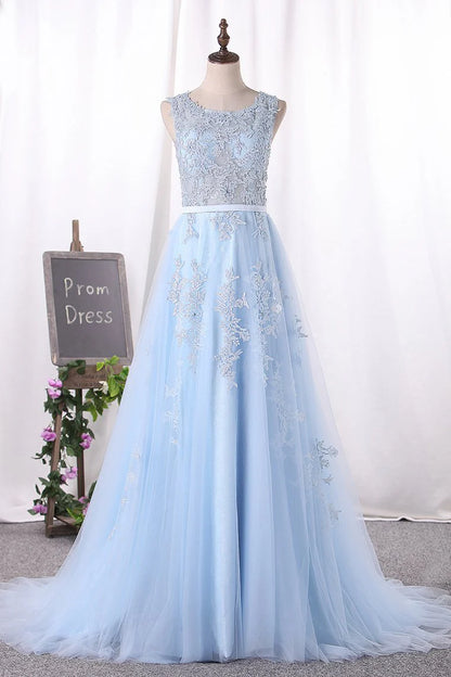 A Line Tulle With Applique Sweep Train Prom Dresses