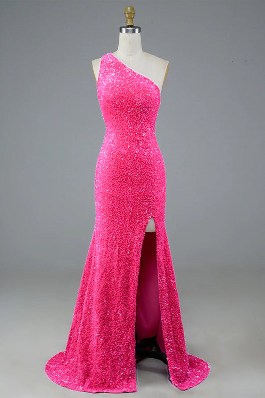 Sequin Prom Dresses Sheath/Mermaid One Shoulder Floor Length With Slit