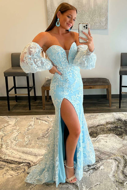 Mermaid Sweetheart Lace Strapless Long Puff Sleeve Prom Dresses