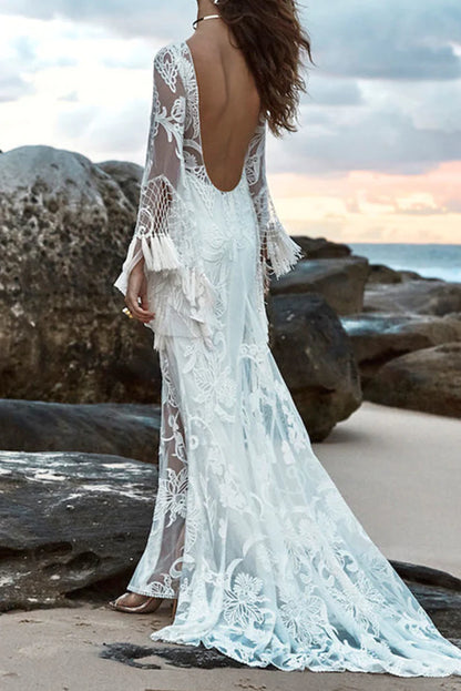 Sexy Mermaid/Trumpet Long Sleeve Beach Wedding Dresses Illusion Neck With Applique Sweep Train