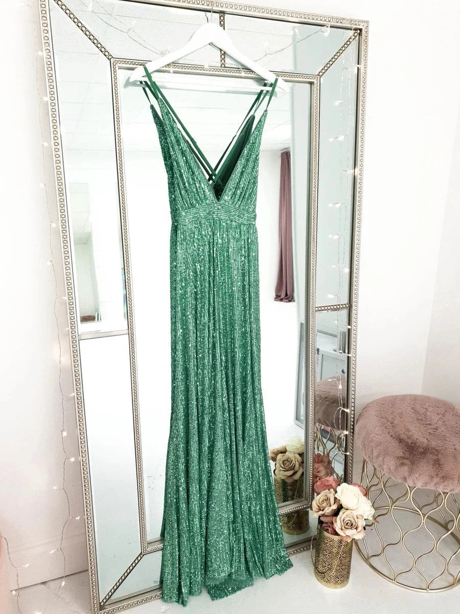 V Neck Sequin Open Back Prom Dresses