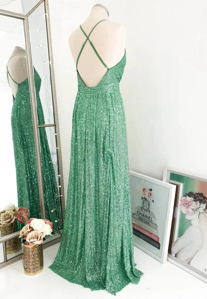 V Neck Sequin Open Back Prom Dresses