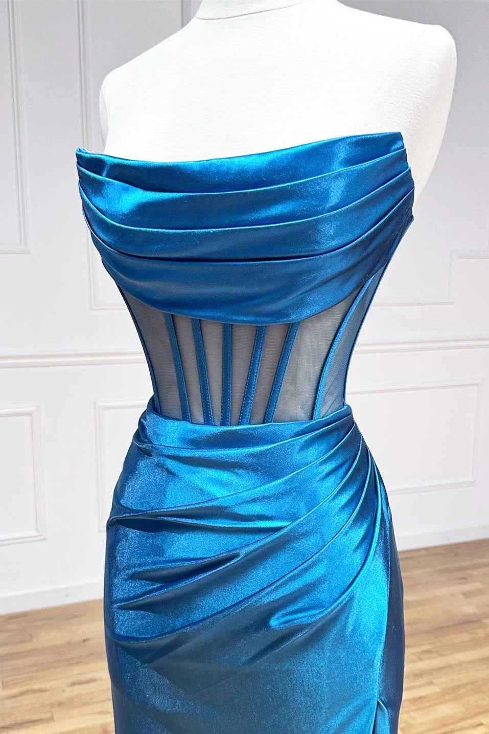 Sheath Satin Strapless Pleated Boning Sheer Long Prom Dress with Slit