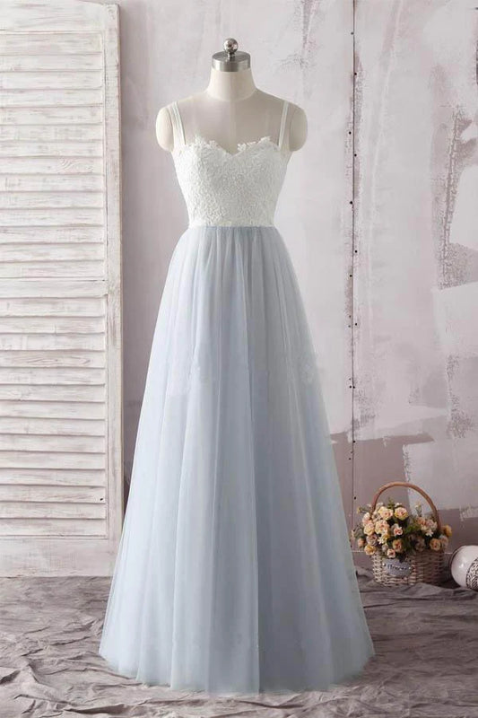 A Line Spaghetti Straps Lace Tulle Prom Dresses