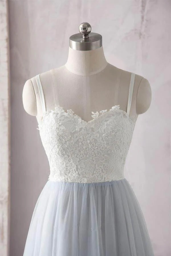 A Line Spaghetti Straps Lace Tulle Prom Dresses