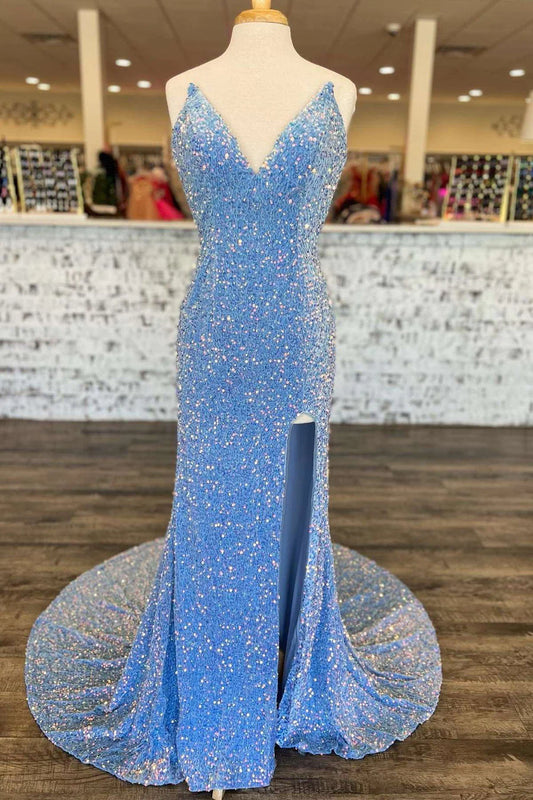 Simple Sequin Sweetheart Blue Mermaid Prom Dress with Slit Sweep