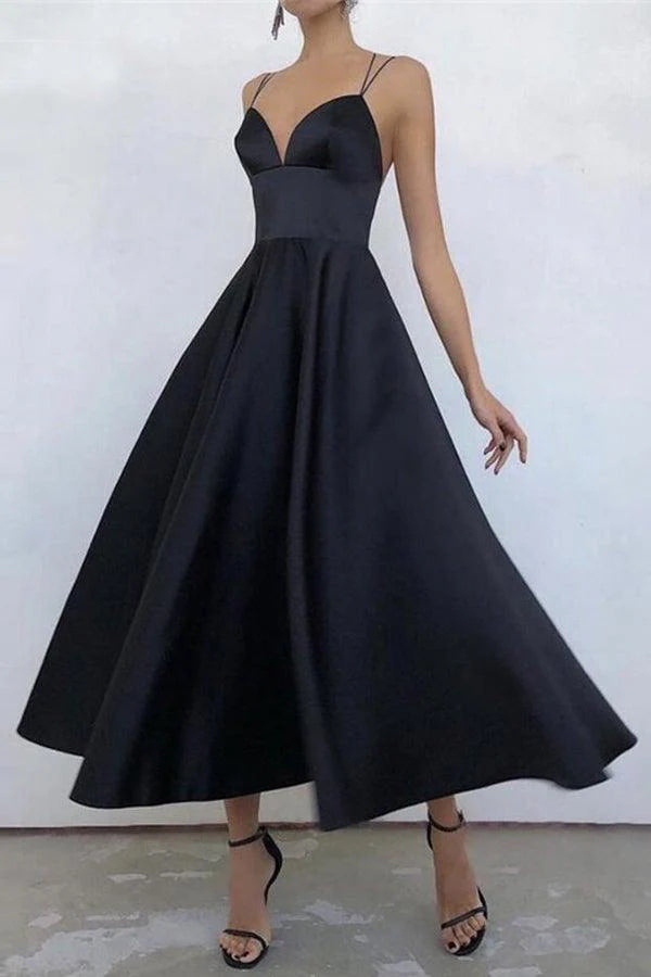 Simple V Neck Satin Tea Length Prom Dresses Evening Dresses