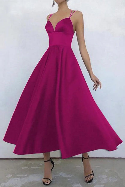 Simple V Neck Satin Tea Length Prom Dresses Evening Dresses